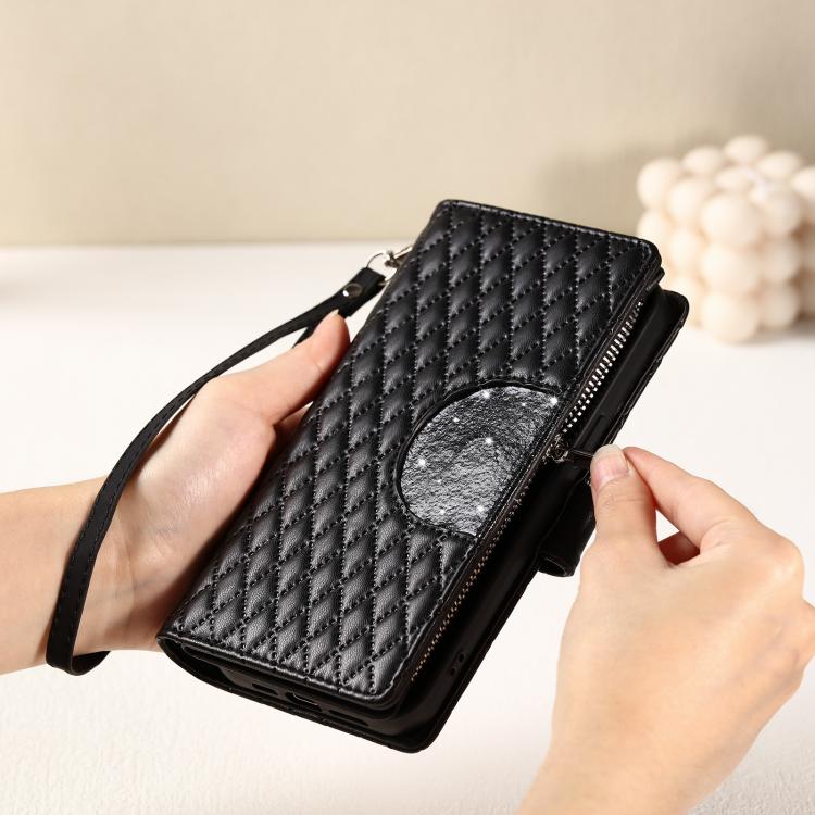 For iPhone 16e Glitter Lattice Zipper Wallet Leather Phone Case(Black) - iPhone 16e Cases by PMC TechLife | Online Shopping South Africa | PMC TechLife | Buy Now Pay Later Mobicred