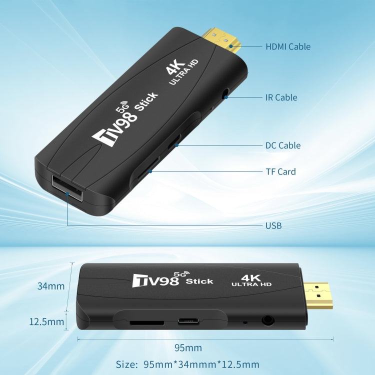TV98 Rockchip 3228A Quad Core 4K HD Bluetooth Android TV Stick, RAM:2GB+16GB(UK Plug)