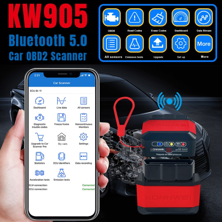 KONNWEI KW905 Bluetooth 5.0 Car OBD2 Scanner Support Android & iOS(Black Orange) - Code Readers & Scan Tools by KONNWEI | Online Shopping South Africa | PMC TechLife | Buy Now Pay Later Mobicred