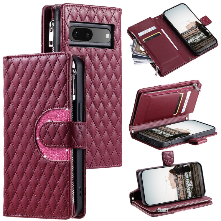 For Google Pixel 7 5G Glitter Lattice Zipper Wallet Leather Phone Case(Wine Red) - Google Cases by PMC TechLife | Online Shopping South Africa | PMC TechLife | Buy Now Pay Later Mobicred