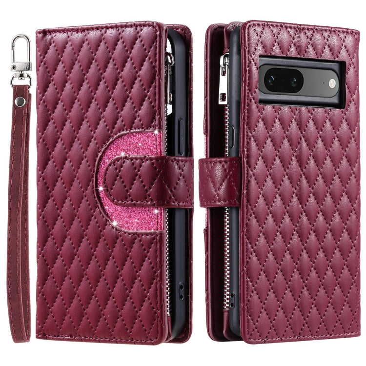 For Google Pixel 7 5G Glitter Lattice Zipper Wallet Leather Phone Case(Wine Red) - Google Cases by PMC TechLife | Online Shopping South Africa | PMC TechLife | Buy Now Pay Later Mobicred