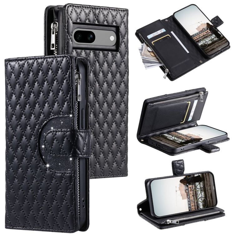 For Google Pixel 7a Glitter Lattice Zipper Wallet Leather Phone Case(Black) - Google Cases by PMC TechLife | Online Shopping South Africa | PMC TechLife | Buy Now Pay Later Mobicred