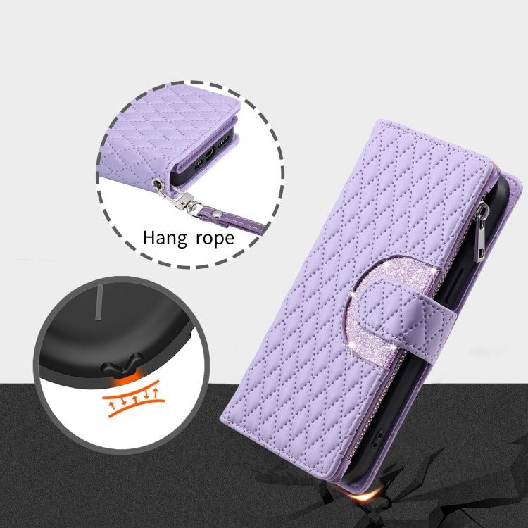 For Google Pixel 7a Glitter Lattice Zipper Wallet Leather Phone Case(Purple)