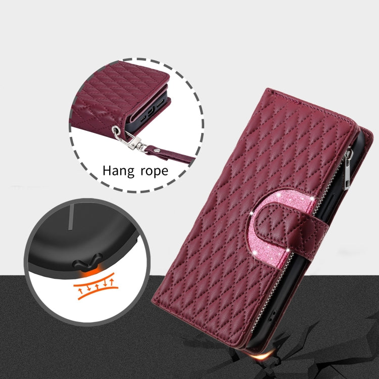 For Google Pixel 7 Pro 5G Glitter Lattice Zipper Wallet Leather Phone Case(Wine Red)