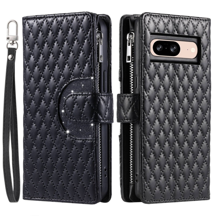 For Google Pixel 8 Glitter Lattice Zipper Wallet Leather Phone Case(Black) - Google Cases by PMC TechLife | Online Shopping South Africa | PMC TechLife | Buy Now Pay Later Mobicred
