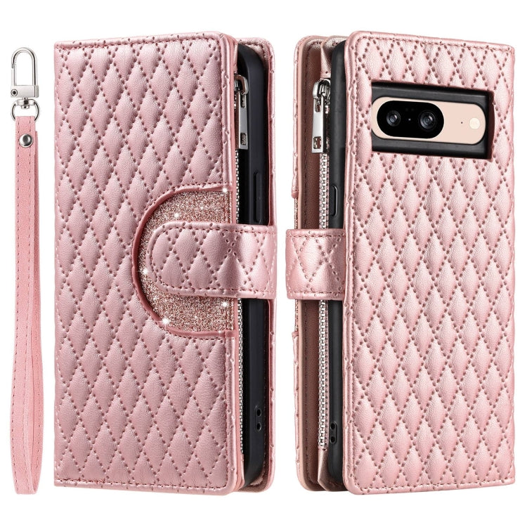 For Google Pixel 8 Glitter Lattice Zipper Wallet Leather Phone Case(Rose Gold) - Google Cases by PMC TechLife | Online Shopping South Africa | PMC TechLife | Buy Now Pay Later Mobicred