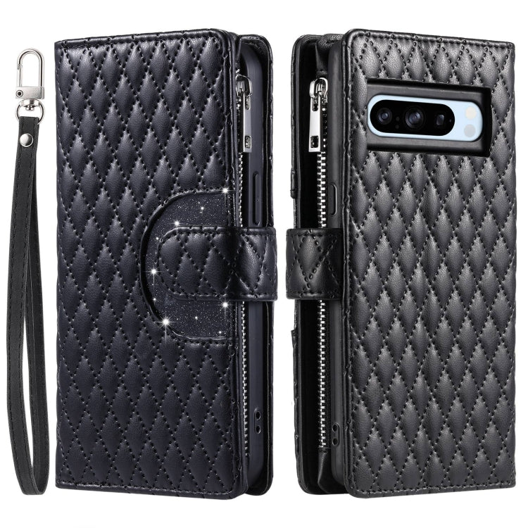 For Google Pixel 8 Pro Glitter Lattice Zipper Wallet Leather Phone Case(Black) - Google Cases by PMC TechLife | Online Shopping South Africa | PMC TechLife | Buy Now Pay Later Mobicred