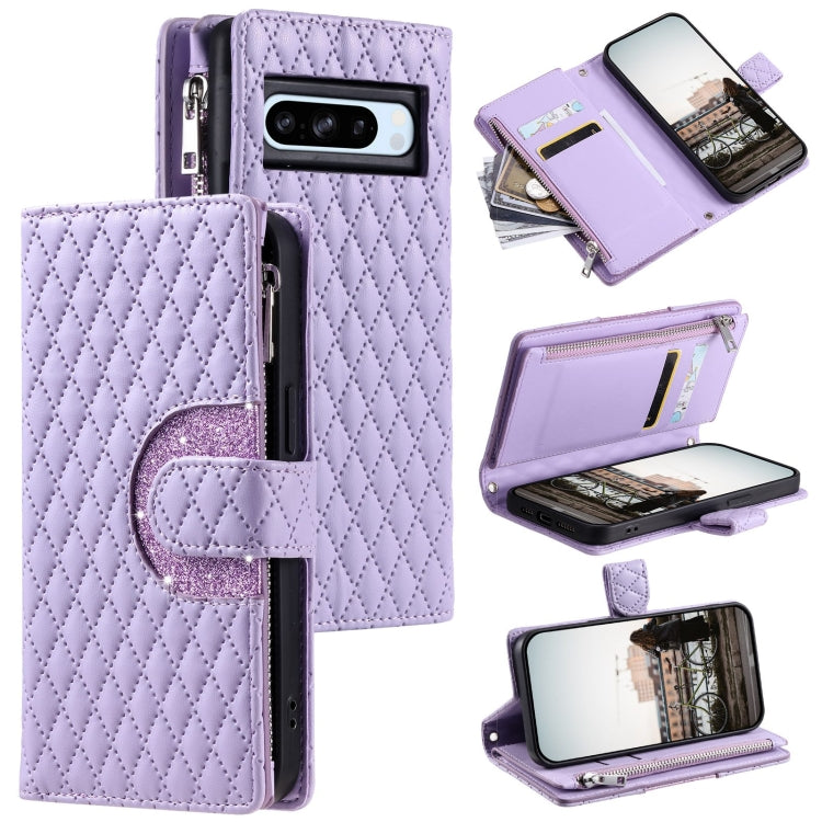 For Google Pixel 8 Pro Glitter Lattice Zipper Wallet Leather Phone Case(Purple) - Google Cases by PMC TechLife | Online Shopping South Africa | PMC TechLife | Buy Now Pay Later Mobicred