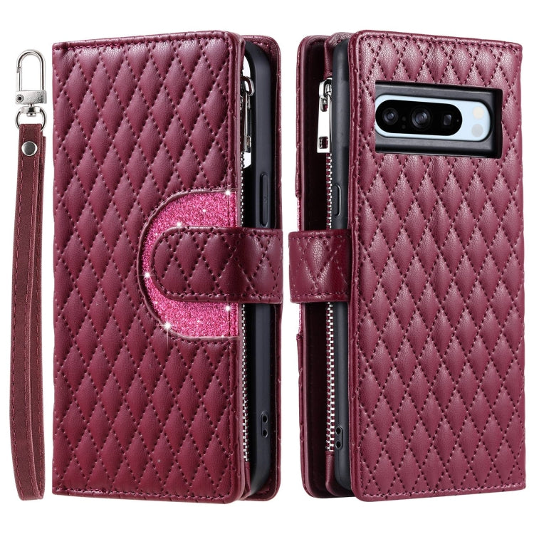 For Google Pixel 8 Pro Glitter Lattice Zipper Wallet Leather Phone Case(Wine Red) - Google Cases by PMC TechLife | Online Shopping South Africa | PMC TechLife | Buy Now Pay Later Mobicred