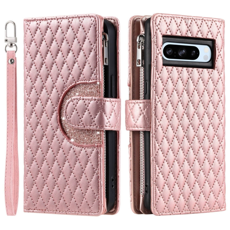 For Google Pixel 8 Pro Glitter Lattice Zipper Wallet Leather Phone Case(Rose Gold) - Google Cases by PMC TechLife | Online Shopping South Africa | PMC TechLife | Buy Now Pay Later Mobicred