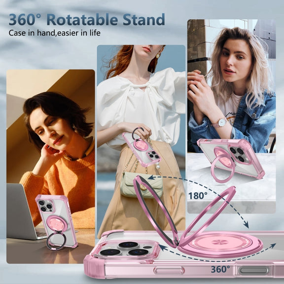 For iPhone 16 Pro Max Gold Shield CD Pattern MagSafe Magnetic Phone Case with Rotating Stand(Transparent Pink)