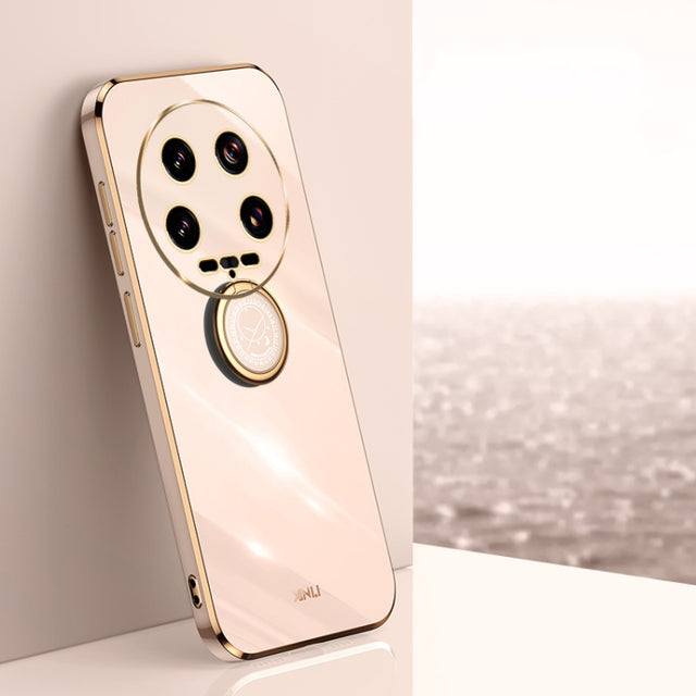 For Xiaomi 14 Ultra 5G XINLI Straight 6D Plating Gold Edge TPU Shockproof Case with Ring Holder(Pink)