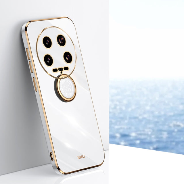 For Xiaomi 14 Ultra 5G XINLI Straight Edge 6D Electroplate TPU Phone Case with Ring Holder(White)