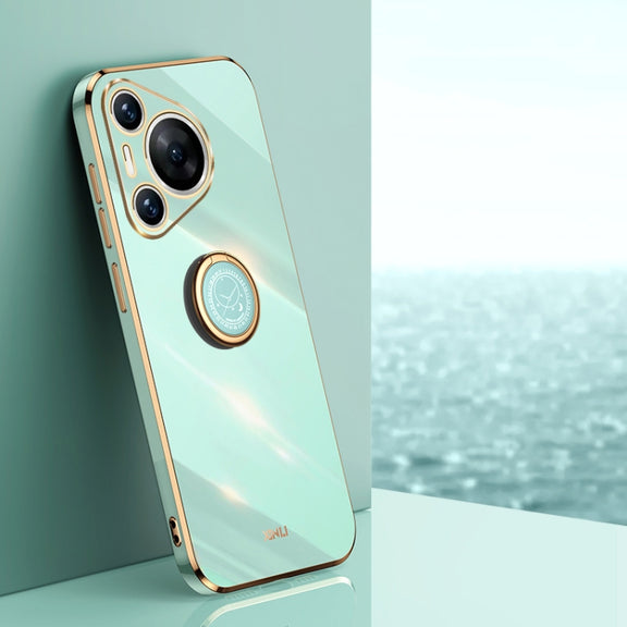 For Huawei Pura 70 XINLI Straight 6D Plating Gold Edge TPU Shockproof Case with Ring Holder(Mint Green)