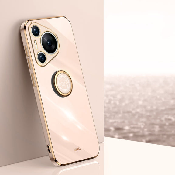 For Huawei Pura 70 XINLI Straight 6D Plating Gold Edge TPU Shockproof Case with Ring Holder(Pink)