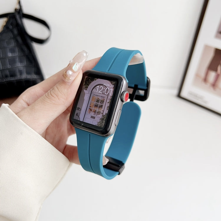 For Apple Watch Series 6 44mm Magnetic Square Buckle Silicone Watch Band(Rock Green)