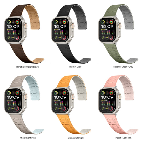 For Apple Watch Ultra 2 49mm Two Color Loop Magnetic Silicone Watch Band(Khaki+Light Green)