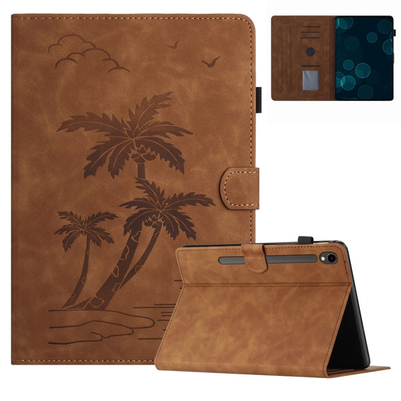 For Samsung Galaxy Tab S9 X710/X716B/X718U Coconut Tree Embossed Smart Leather Tablet Case(Brown)