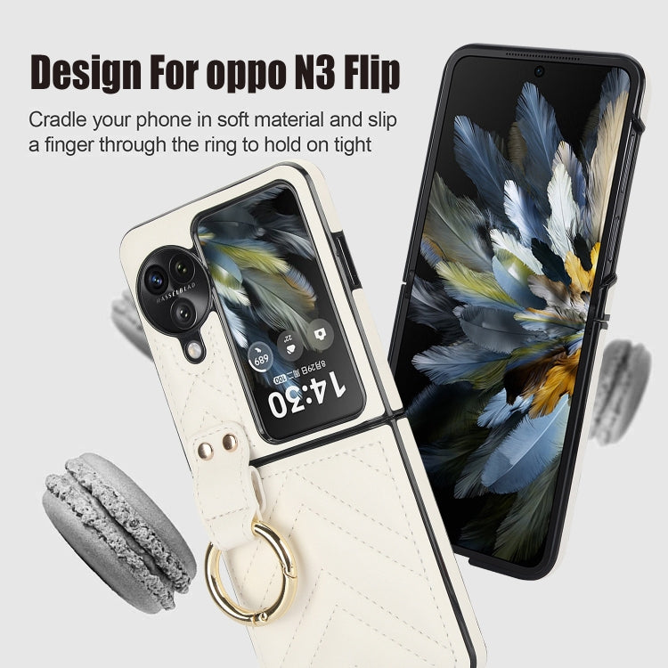 For OPPO Find N3 Flip V-shaped PU Hybrid TPU Ring Holder Phone Case(White)