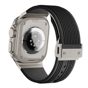 For Apple Watch Ultra 49mm Vertical Texture Titanium Buckle Elastic Silicone Watch Band(Black)
