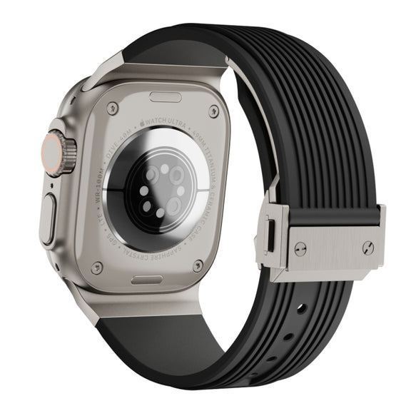 For Apple Watch Ultra 49mm Vertical Texture Titanium Buckle Elastic Silicone Watch Band(Black)
