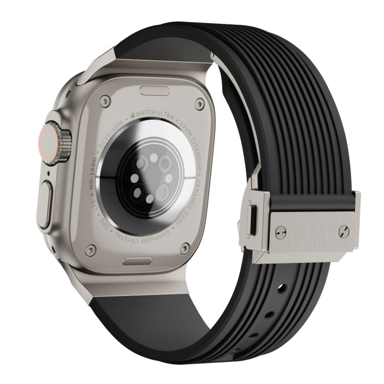 For Apple Watch Ultra 49mm Vertical Texture Titanium Buckle Elastic Silicone Watch Band(Black)