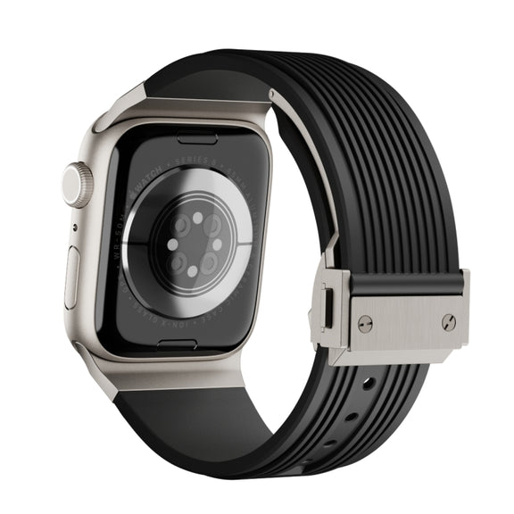 For Apple Watch Series 10 46mm Vertical Texture Titanium Buckle Elastic Silicone Watch Band(Black)