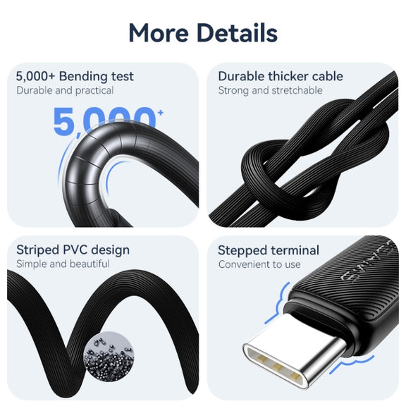 USAMS US-SJ693 USB to USB-C / Type-C 3A Striped Fast Charge Data Cable, Length:2m(White)