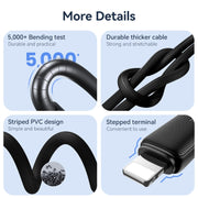 USAMS US-SJ702 USB-C / Type-C to 8 Pin 30W Striped Fast Charge Data Cable, Length:3m(White)