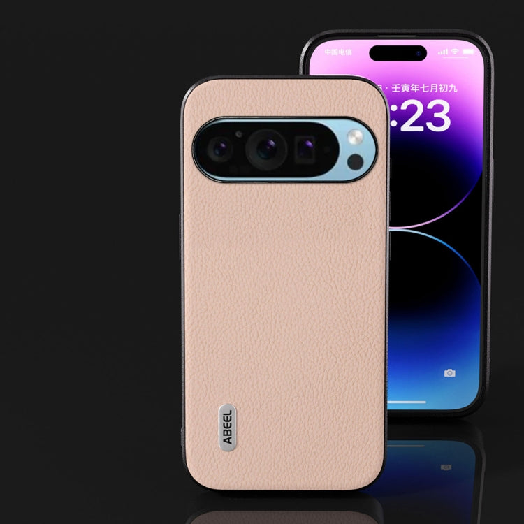 For Google Pixel 9 Pro ABEEL Genuine Leather + PC Litchi Texture Phone Case(Pink Gold)