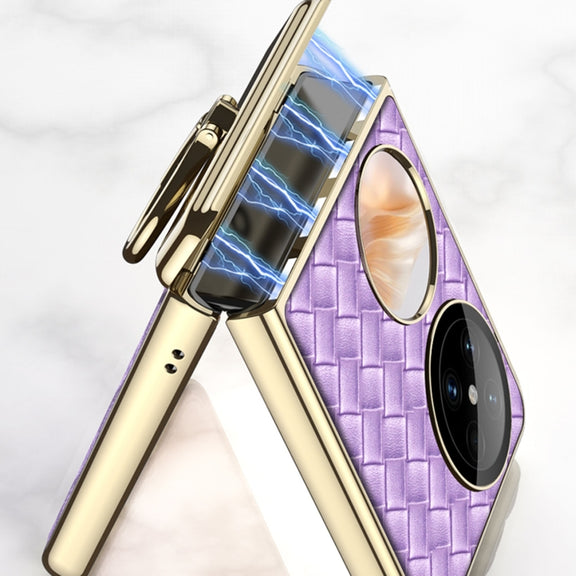 For Huawei Pocket 2 GKK Magnetic Shaft Electroplated Plain Leather Woven Texture Phone Case with Ring(Champagne Gold)
