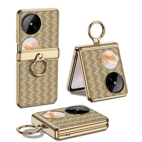 For Huawei Pocket 2 GKK Magnetic Shaft Electroplated Plain Leather Woven Texture Phone Case with Ring(Champagne Gold)