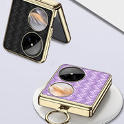For Huawei Pocket 2 GKK Magnetic Shaft Electroplated Plain Leather Woven Texture Phone Case with Ring(Champagne Gold)