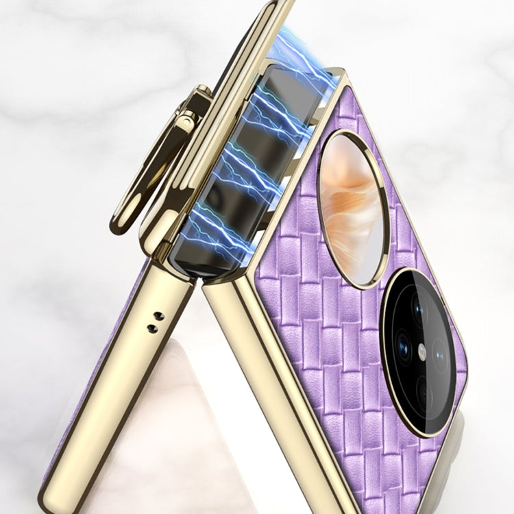 For Huawei Pocket 2 GKK Magnetic Shaft Electroplated Plain Leather Woven Texture Phone Case with Ring(Purple)