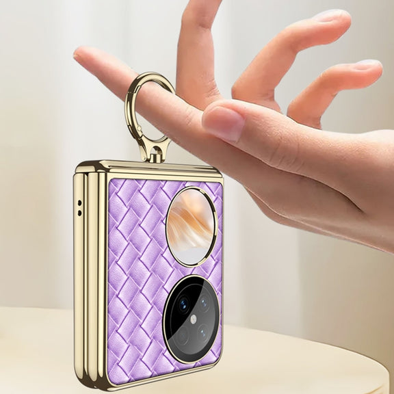 For Huawei Pocket 2 GKK Magnetic Shaft Electroplated Plain Leather Woven Texture Phone Case with Ring(Purple)