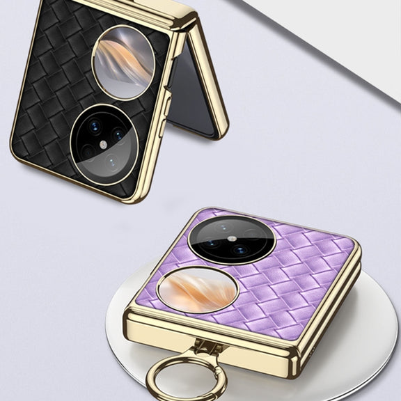 For Huawei Pocket 2 GKK Magnetic Shaft Electroplated Plain Leather Woven Texture Phone Case with Ring(Purple)