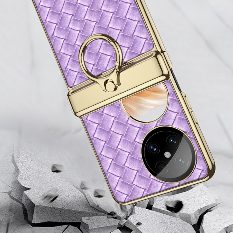 For Huawei Pocket 2 GKK Magnetic Shaft Electroplated Plain Leather Woven Texture Phone Case with Ring(Purple)
