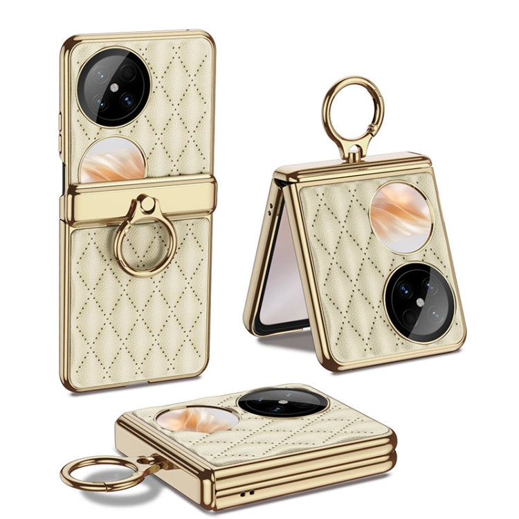 For Huawei Pocket 2 GKK Rhombus Pattern Electroplated Leather Phone Case with Ring(Champagne Gold)