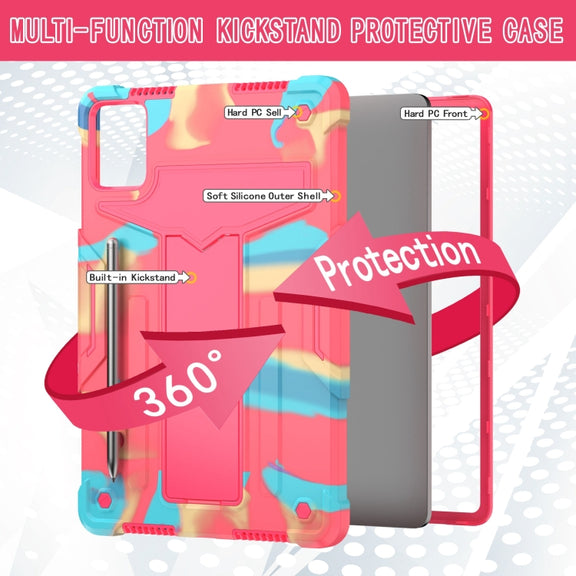 For Lenovo Tab M11/ Xiaoxin Pad 11 2024 T Holder Robot Silicone Hybrid PC Tablet Case(Camouflage Rose Red)