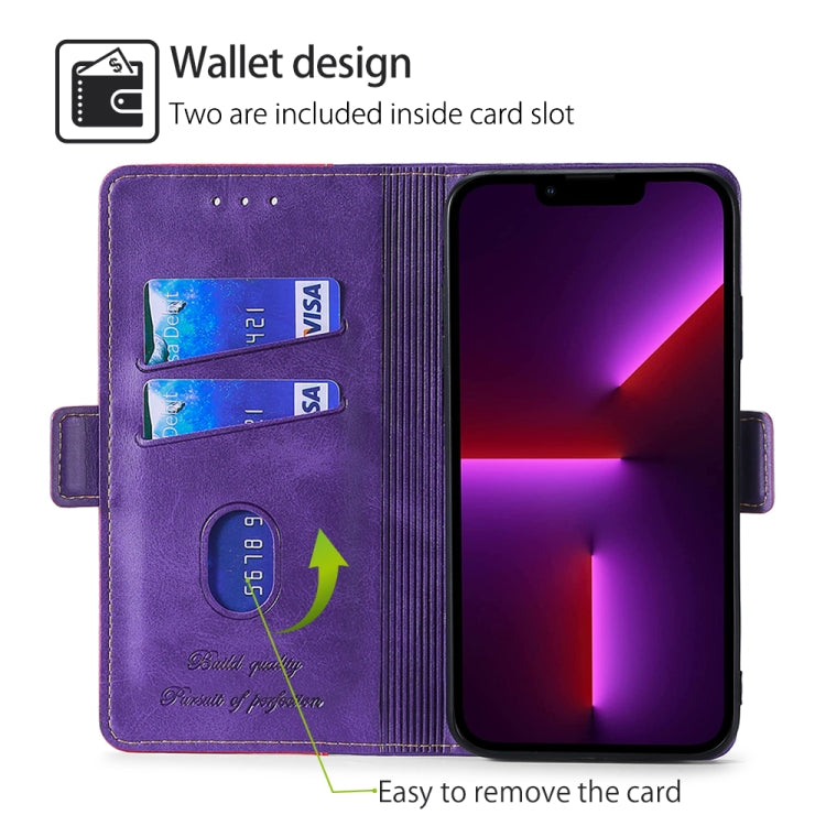 For Motorola Moto G Play 4G 2024 Contrast Color Side Buckle Leather Phone Case(Purple + Rose Red)