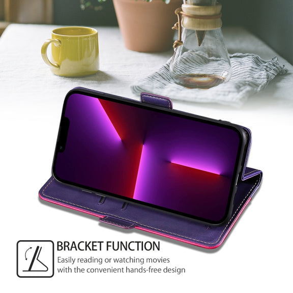 For Motorola Moto G Play 4G 2024 Contrast Color Side Buckle Leather Phone Case(Purple + Rose Red)