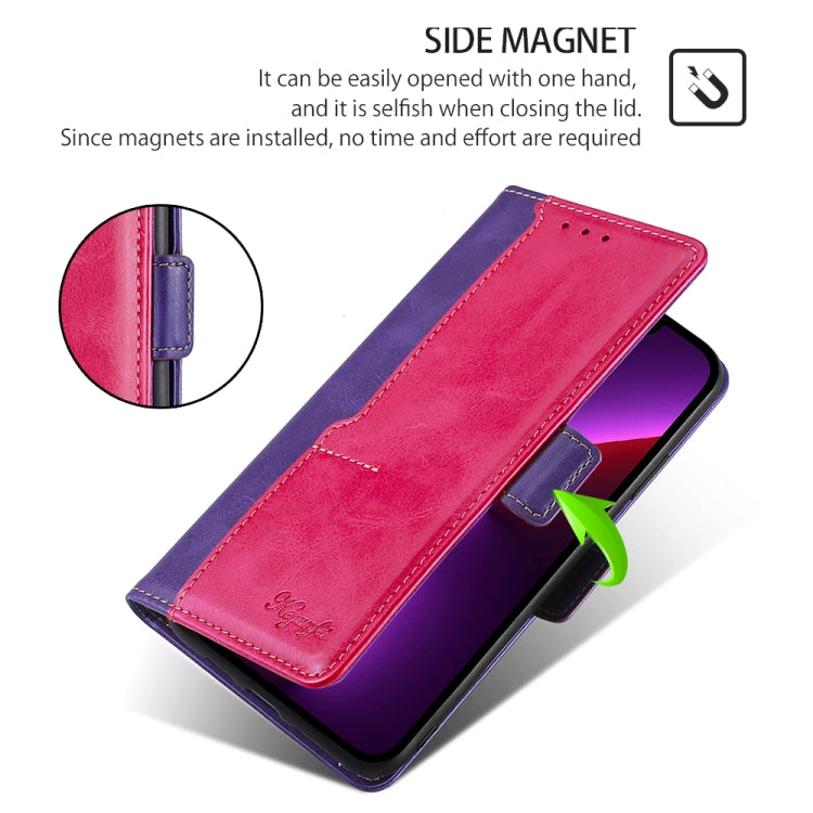 For Motorola Moto G Play 4G 2024 Contrast Color Side Buckle Leather Phone Case(Purple + Rose Red)