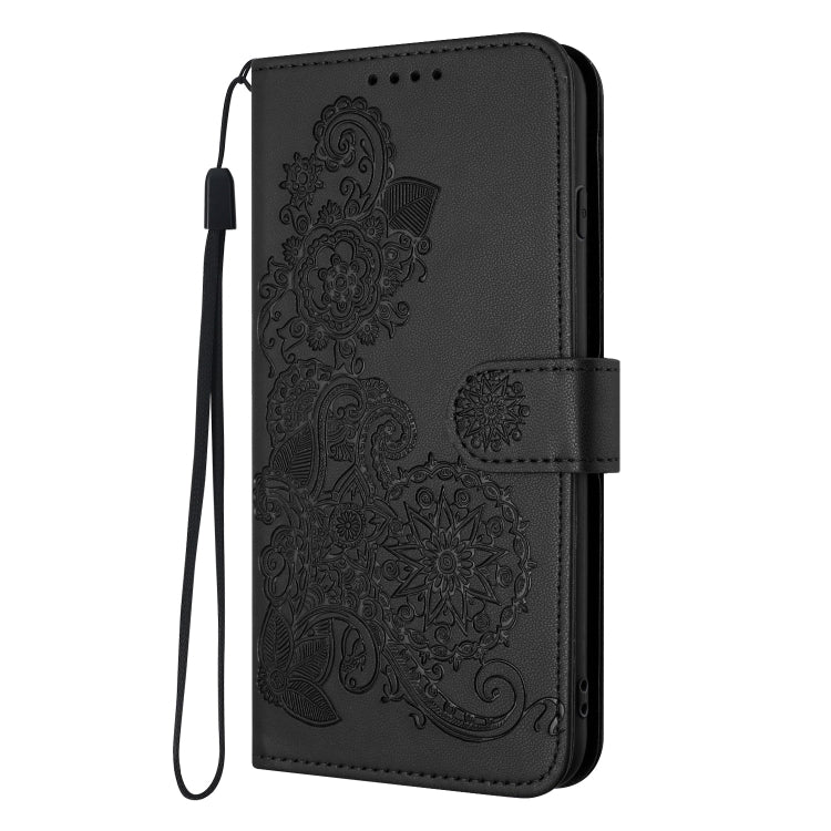 For iPhone 16e Datura Flower Embossed Flip Leather Phone Case(Black) - iPhone 16e Cases by PMC TechLife | Online Shopping South Africa | PMC TechLife | Buy Now Pay Later Mobicred