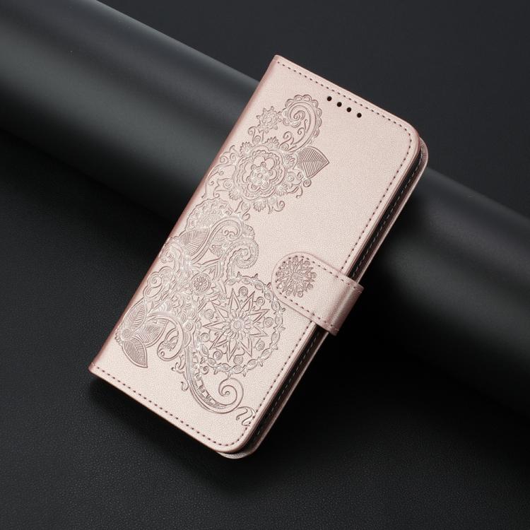For iPhone 17 Datura Flower Embossed Flip Leather Phone Case(Rose Gold)
