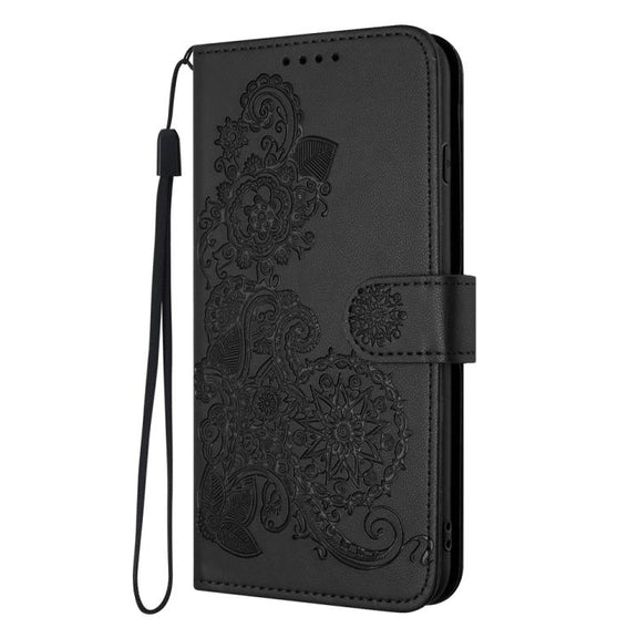 For iPhone 17 Datura Flower Embossed Flip Leather Phone Case(Black)