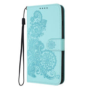 For iPhone 17 Pro Datura Flower Embossed Flip Leather Phone Case(Light Blue)