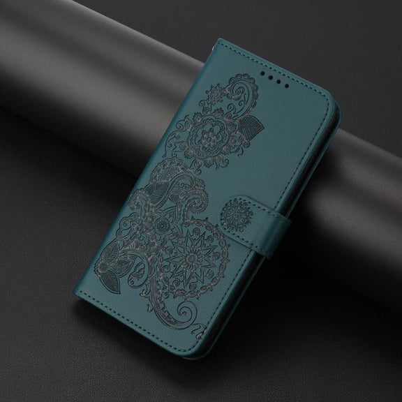 For iPhone 17 Pro Datura Flower Embossed Flip Leather Phone Case(Dark Green)
