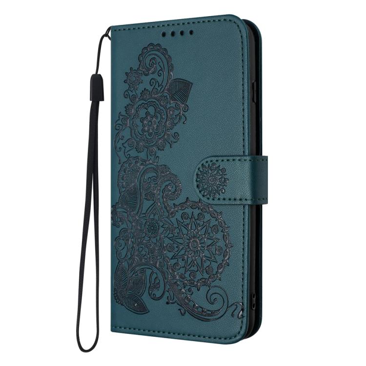 For iPhone 17 Pro Datura Flower Embossed Flip Leather Phone Case(Dark Green)