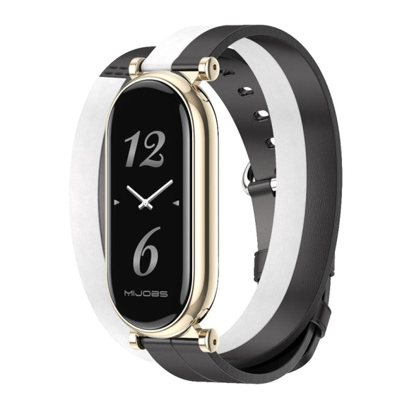 For Xiaomi Smart Band 10 / 9 / 8 Mijobs GT4 Dual-Loop Leather Watch Band(Black+White+Light Gold)