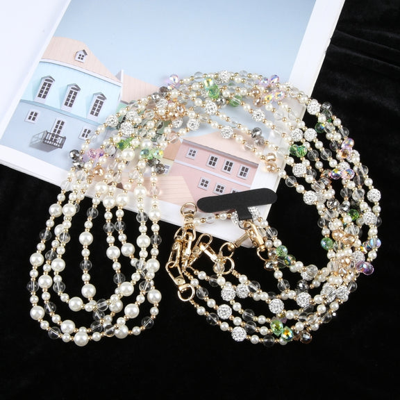 Mobile Phone Anti-lost Long Chain Flash Diamond Pearl Crossbody Lanyard(Green)